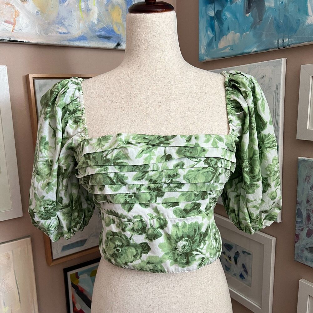 Abercrombie & Fitch Green Floral Puff Sleeve Crop Top Smock Back Forest Fairy M
